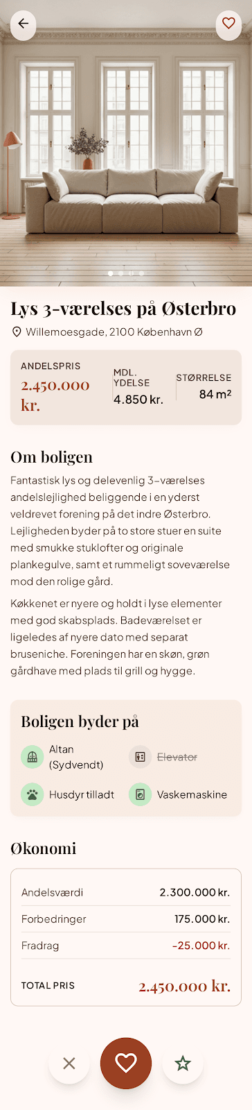 Bobyt-appen viser detaljer for en bolig — foto, pris, ydelse og størrelse